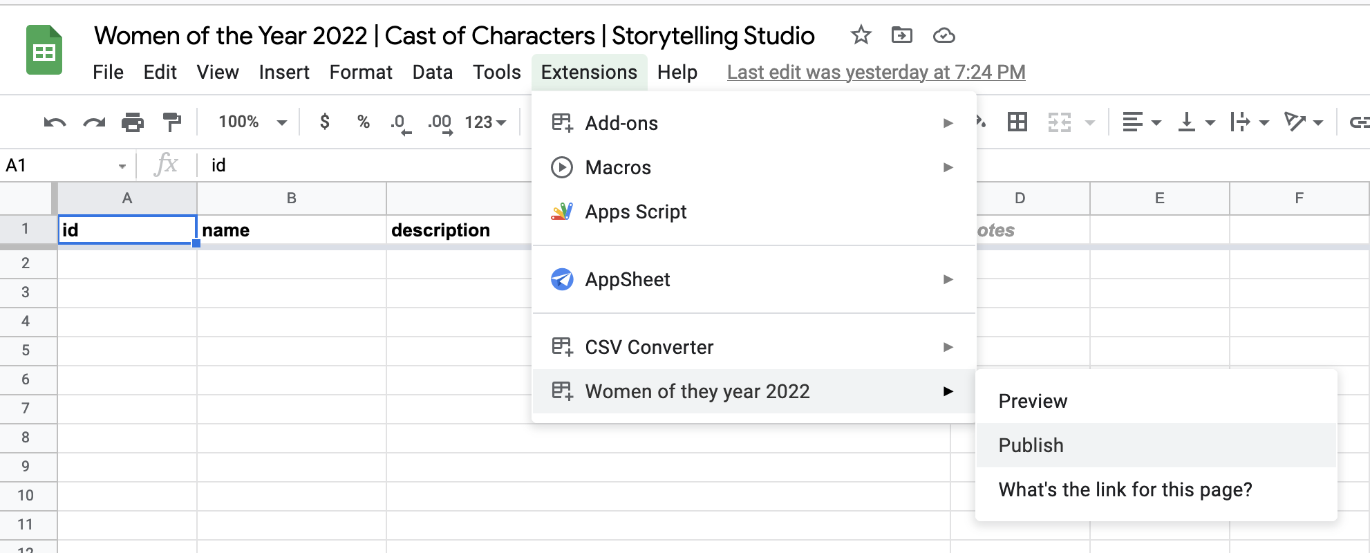 A screenshot of a Google Spreadsheet, with the custom Publish link selected