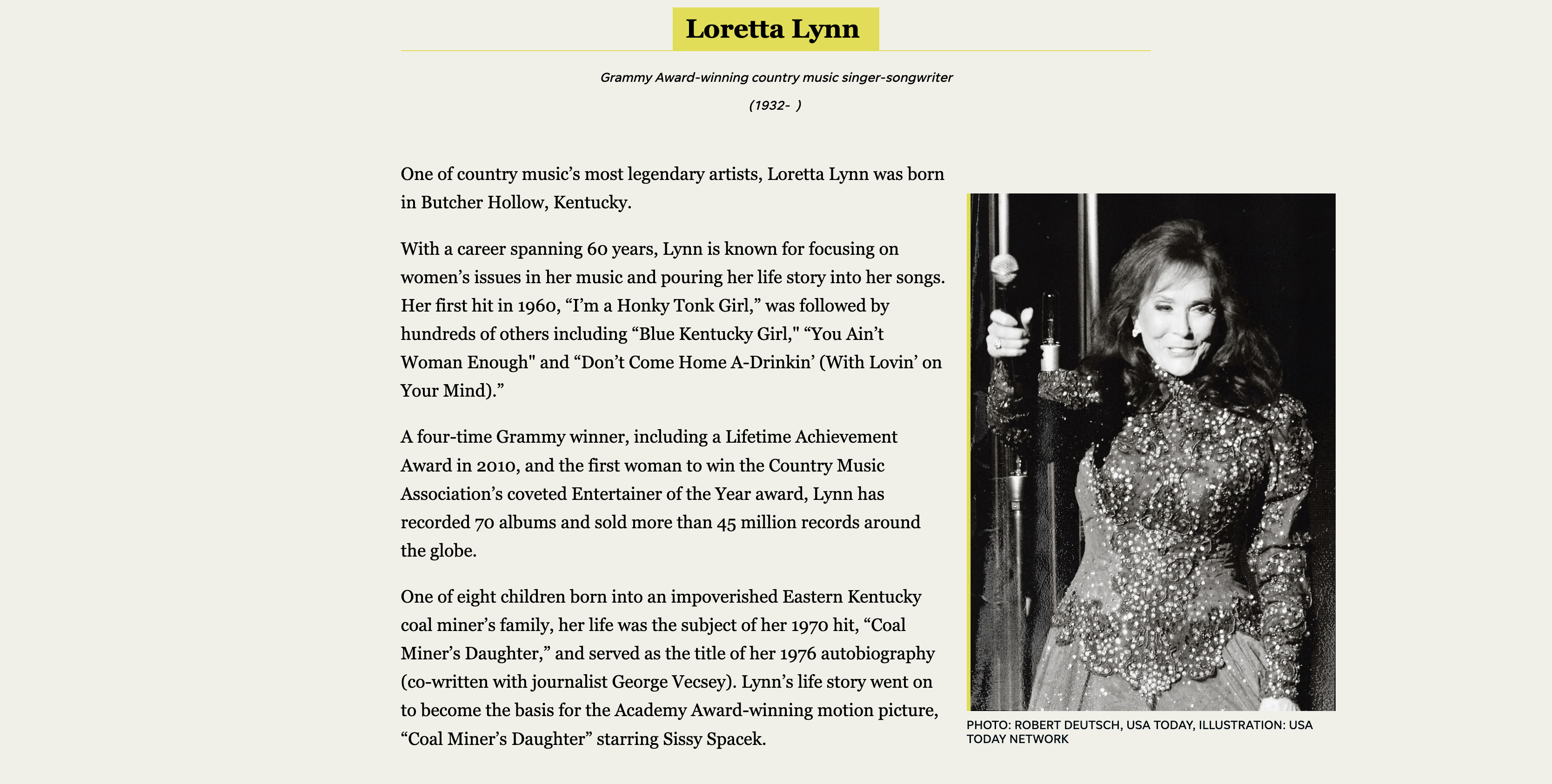 A tan screenshot of a listA format, featuring a short blurb and a grayscale photo of singer Loretta Lynn